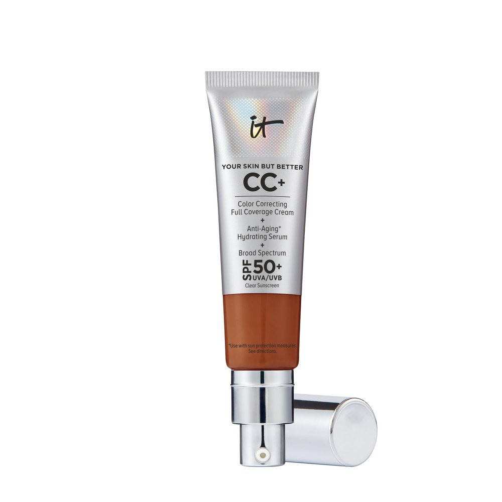 IT Cosmetics CC+ Cream (Deep) - Natural Full Coverage Foundation With SPF 50+, Color Corrector & Anti-Aging Hydrating Serum, Hyaluronic Acid + Peptides, Lightweight - 1.08 fl oz