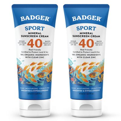 Badger Reef Safe Sport Mineral Sunscreen - Unscented SPF 40, 98% Organic, Water Resistant Zinc, Approved for Hawaii & Mexico Reefs, 2.9 fl oz, 2-Pack
