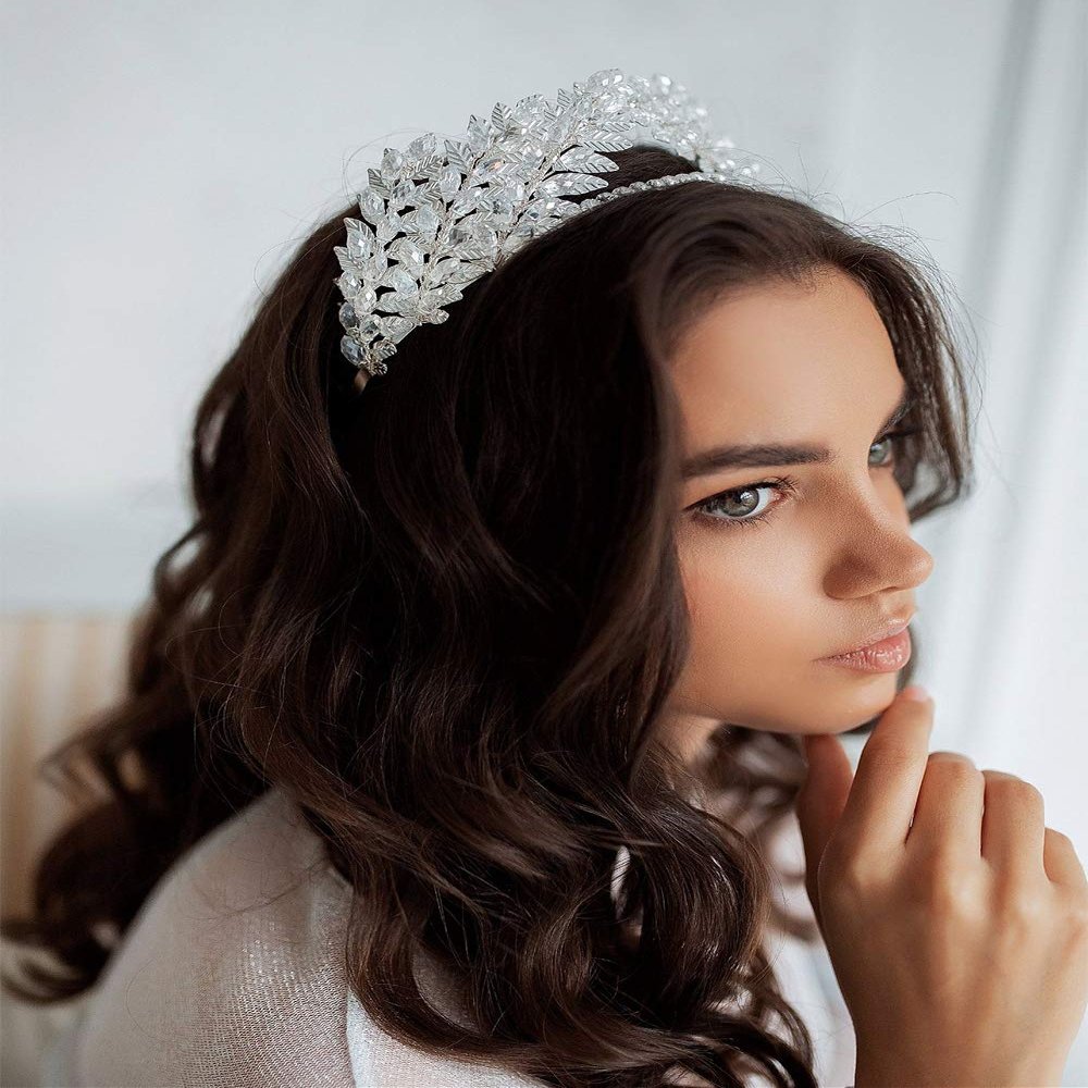 Aimimier Bridal Crystal Leaf Vine Tiara Crown Gold Leaf Headband Wedding Headpiece Bridesmaid Prom Festival Hair Accessories for Women and Girls (Silver)