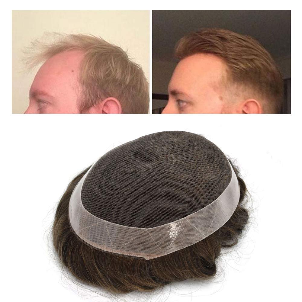 FACE MIRACLE French Lace Mens Toupee Lace Poly Hairpiece Skin PU Around Hair Replacement Wigs for Men D7-5 (7 * 9, 17R#-120% Medium Light to Medium Density)