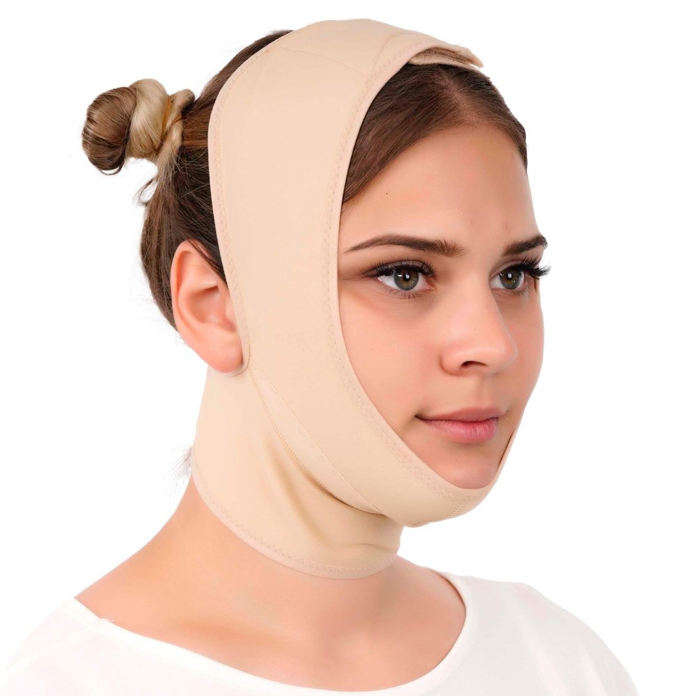 Post Surgery Neck and Chin Compression Garment Wrap Bandage for Women, Face Slimmer, Jowl Tightening, Neck Coverage, Chin Lifting Strap (S)
