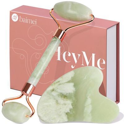 BAIMEI IcyMe Jade Roller & Gua Sha Set Face Roller and Gua Sha Facial Tools for Skin Care Routine and Puffiness, Self Care Gift for Men Women - Light Green
