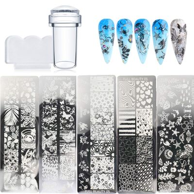 Nail Stamping Plate Set 5 Sheet Nail Printing Plate + 1 Stamp + 1 Scraper Heart Rose Leaf Flower Undersea Animal Template Pattern Manicure Tool DIY Stamp Design Decorative Nail Art Supplies