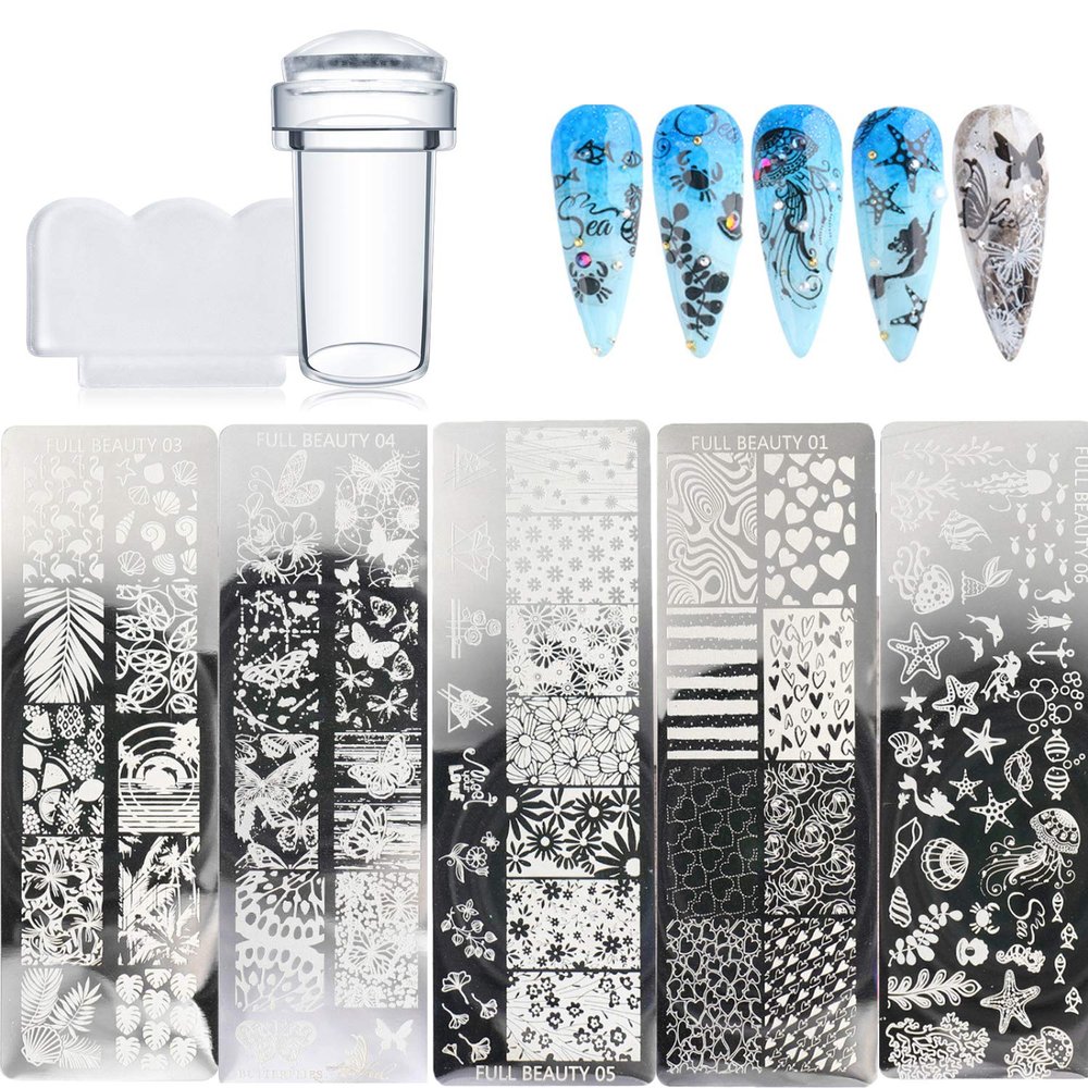 Nail Stamping Plate Set 5 Sheet Nail Printing Plate + 1 Stamp + 1 Scraper Heart Rose Leaf Flower Undersea Animal Template Pattern Manicure Tool DIY Stamp Design Decorative Nail Art Supplies