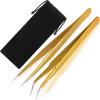 2 Pieces Straight and Curved Tip Tweezers Eyelash Extension Tweezers, Stainless Steel False Lash Application Tools (Gold) view 1