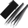 2 Pieces Straight and Curved Tip Tweezers Eyelash Extension Tweezers, Stainless Steel False Lash Application Tools (Black) view 1