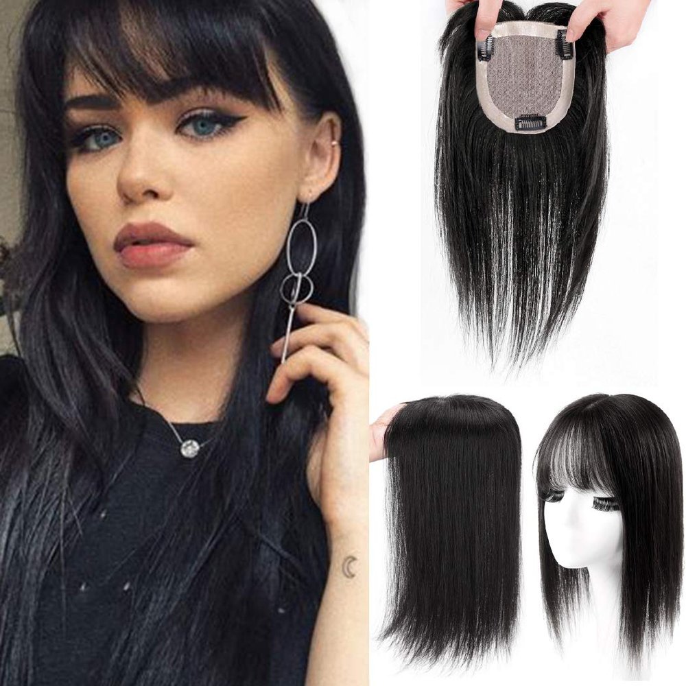 12" Bob Straight 100% Remy Human Hair Topper with 3D Bangs Clip in Hairpiece Topper Hair Piece 10x12cm Hand Tied U Shaped Top Mono Base Closure Topper for Women with Thinning Hair Natural Black
