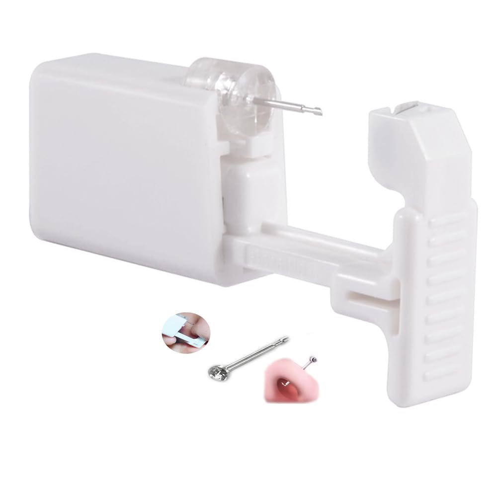 AM RONG MAGIC Upgraded Version Self Nose Piercing Gun Self Nose Piercing Gun Kit Safety Nose Piercing Gun Kit Tool (SilverWhite Crystal)