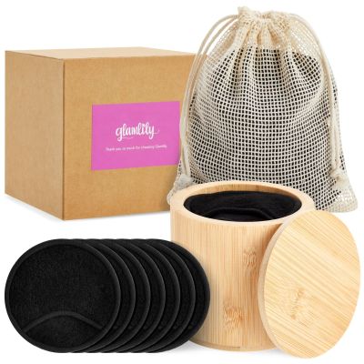 18 Pack Reusable Cotton Rounds for Makeup Removal with Bamboo Holder and Mesh Storage Bag (Black)