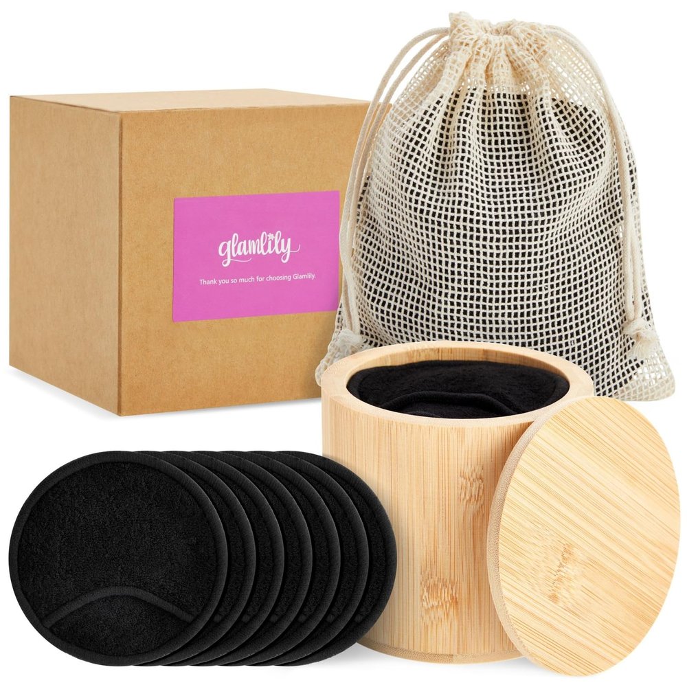 18 Pack Reusable Cotton Rounds for Makeup Removal with Bamboo Holder and Mesh Storage Bag (Black)