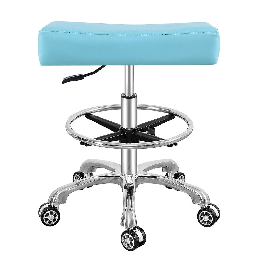 Antlu Adjustable Rolling Swivel Stool Chair for Massage Office Tattoo Kitchen, Work Stool with Wheels (Cyan, with Foot Ring)