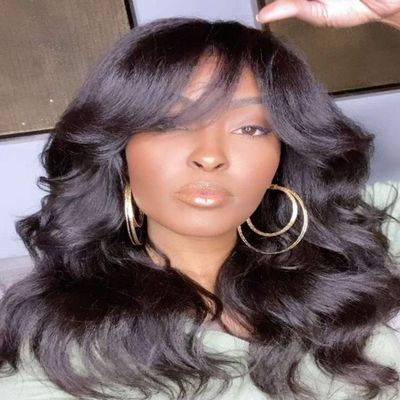 meishengzhiyuan Body Wave Lace Front Human Hair Wig With Bangs Wavy Curly Pre Plucked 136 Lace Frontal Wig Hair Replacement Wig Bleached Knots 150 Density Brazilian Hair Remy 18"