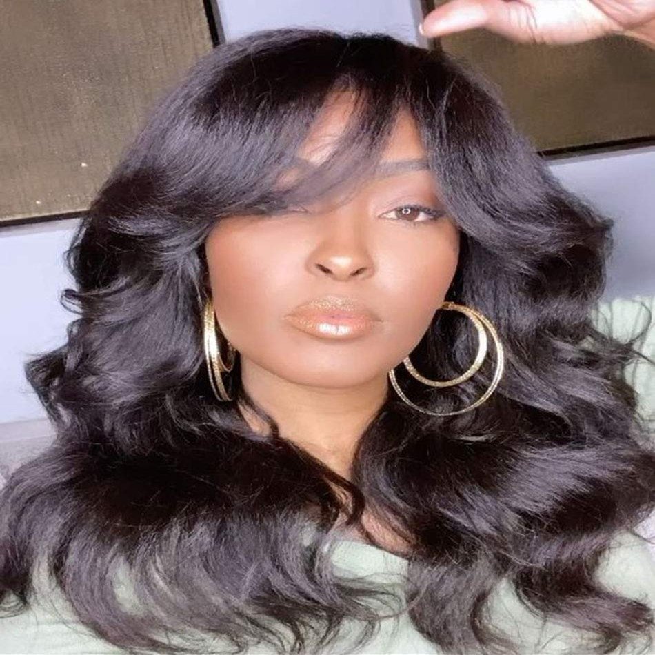 meishengzhiyuan Body Wave Lace Front Human Hair Wig With Bangs Wavy Curly Pre Plucked 136 Lace Frontal Wig Hair Replacement Wig Bleached Knots 150 Density Brazilian Hair Remy 18"