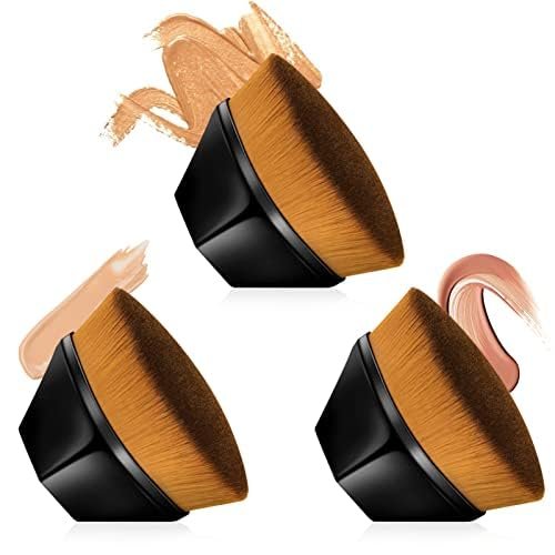 3pcs Foundation Brush, Flat Top Hexagon Makeup Blending Brush with Protective Case for Blending Liquid, Cream, Powder Makeup (Black)