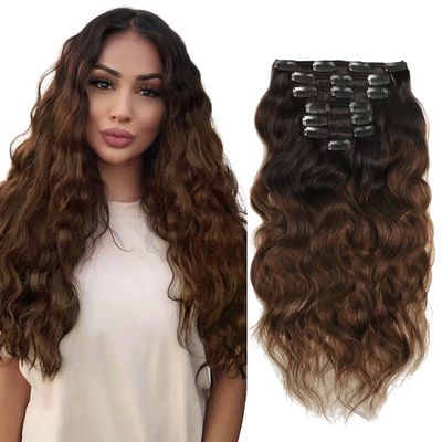 Anrosa Double Weft Human Hair Natural Wave #1B Natural Black Color Fading to #4 Dark Brown Color Clip in 22 Inch Hair Extension Wavy Curly for Women Two Tone Color with 7 Pieces Per Pack
