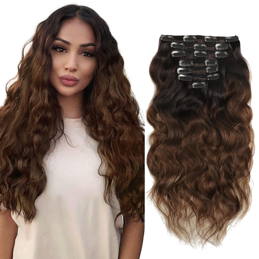 Anrosa Double Weft Human Hair Natural Wave #1B Natural Black Color Fading to #4 Dark Brown Color Clip in 22 Inch Hair Extension Wavy Curly for Women Two Tone Color with 7 Pieces Per Pack