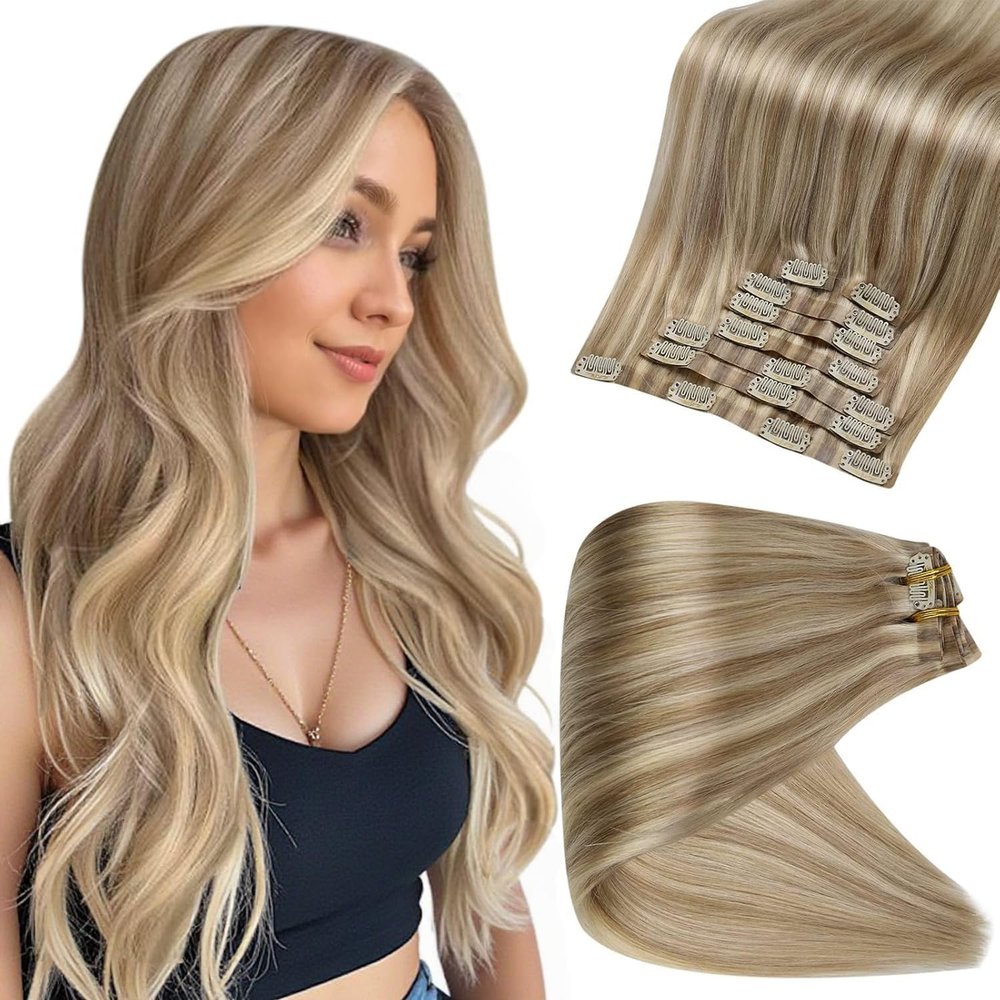 Full Shine Blonde Hair Extensions Real Human Hair Clip ins Golden Blonde Mix Light Blonde Natural Seamless Hair Extension for Women Add Volume 14 Inch 8 PCS 120 G