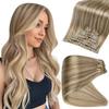 Full Shine Blonde Hair Extensions Real Human Hair Clip ins Golden Blonde Mix Light Blonde Natural Seamless Hair Extension for Women Add Volume 14 Inch 8 PCS 120 G view 1