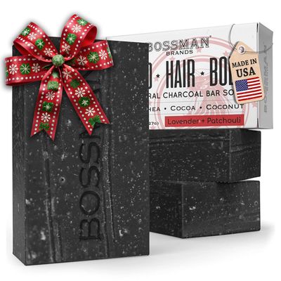 Bossman 3-Pack 4-in-1 Charcoal Soap Bar (4 oz) Bar Soap for Men All-Natural Beard Wash, Shampoo, Body Wash & Shaving Solution Lavender & Patchouli Scent