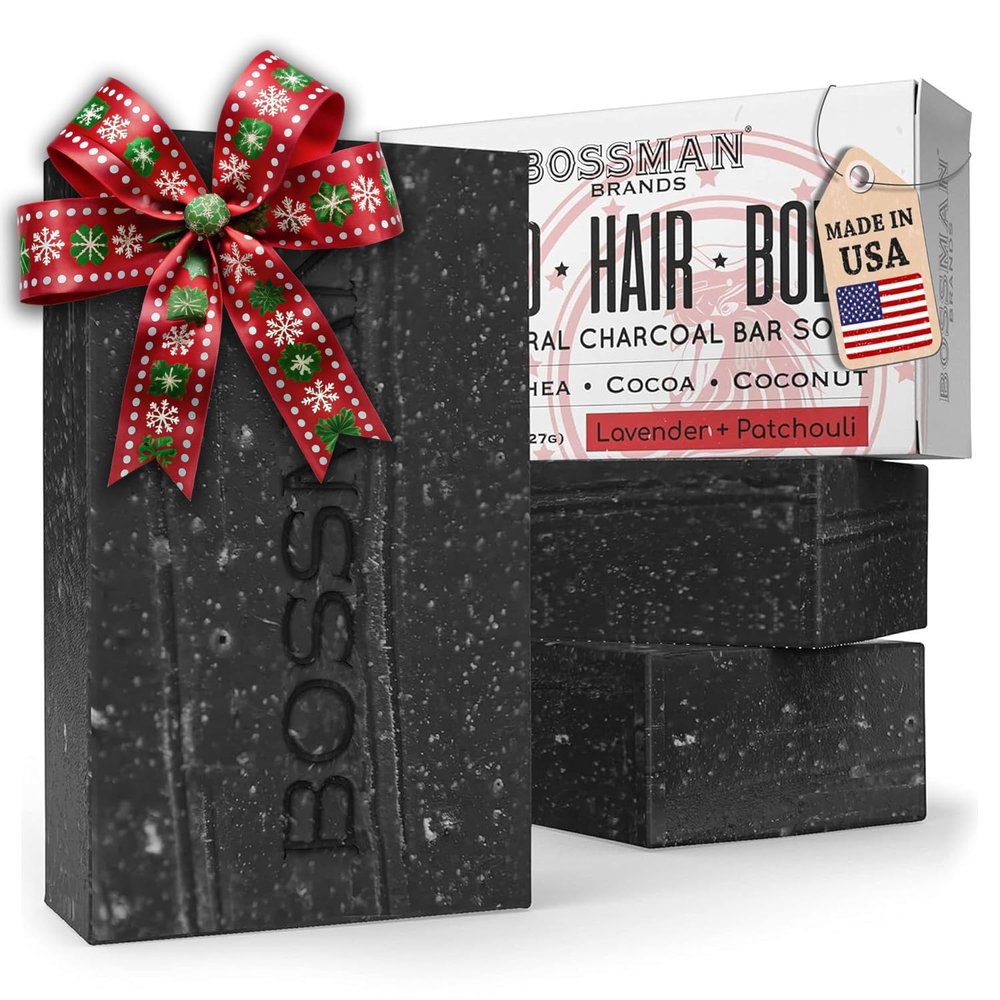 Bossman 3-Pack 4-in-1 Charcoal Soap Bar (4 oz) Bar Soap for Men All-Natural Beard Wash, Shampoo, Body Wash & Shaving Solution Lavender & Patchouli Scent