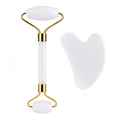 HOTACE Jade Roller Gua Sha Set Natural Jade Stone Roller for Face Beauty Facial Roller Massager Tools Face Slimming Lift Anti Wrinkle Skin Care Tools-White Jade