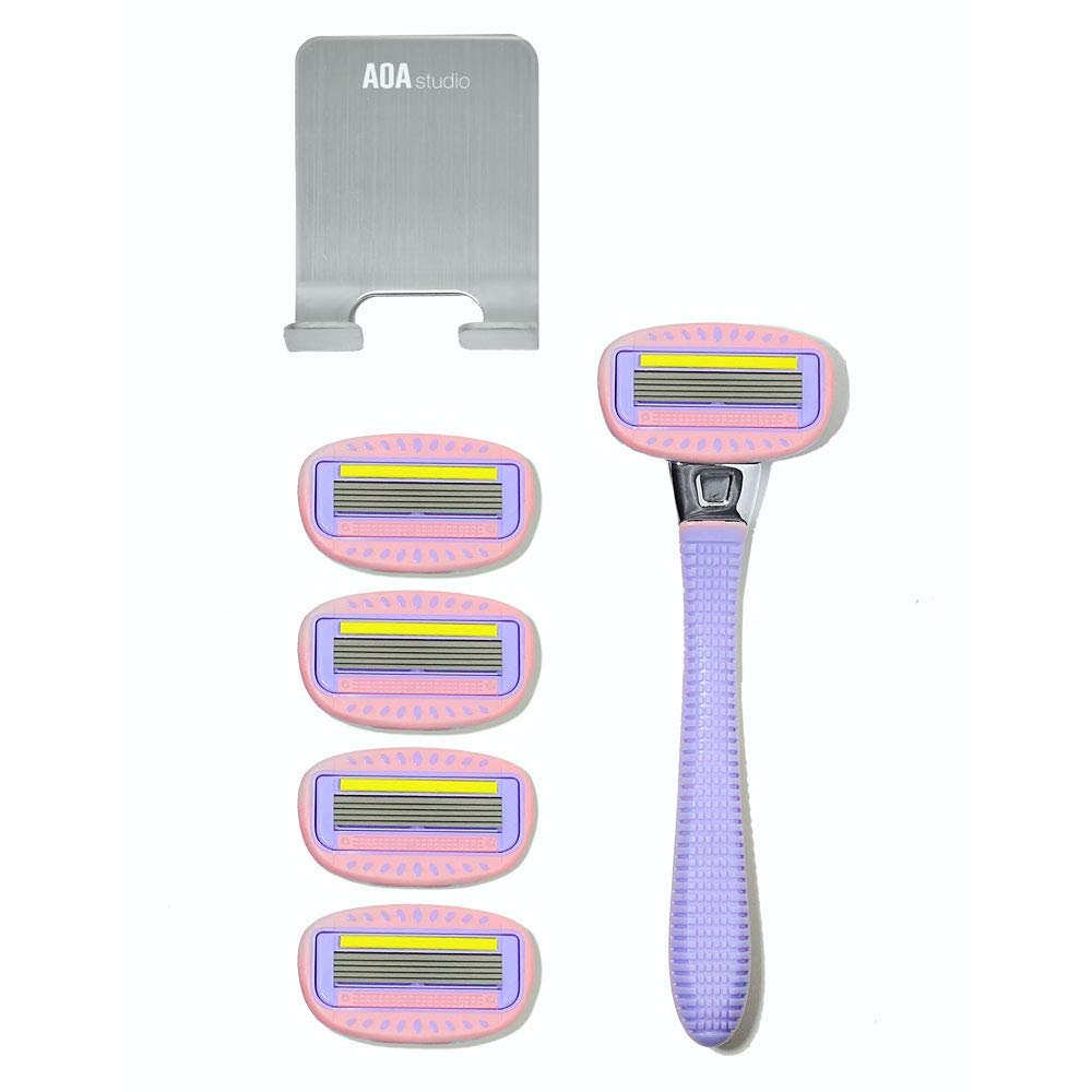 AOA Studio Women's 5-Blade 7pc Kit Including 1pc Handle 5pcs Five-Blade Heads from Swedish1pcs Stainless Steel Shower Hook Hydrating Aloe and Vitamin E Strip Cleanest, Closest, Comfortable Shave