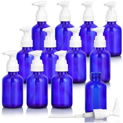 2 oz / 60 ml Cobalt Glass Boston Round Bottle with White Lotion Pump (12 Pack)