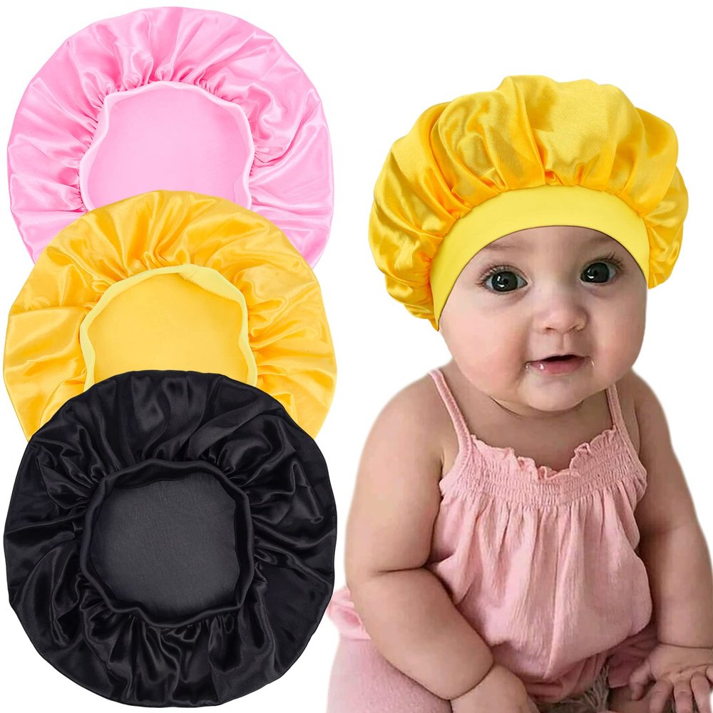 3 Pieces Kids Satin Bonnet Sleeping Cap Silk Wide Band Night Hats Hair for Natural Hair Teens Toddler Child Baby