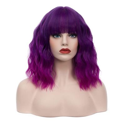WGPFWIG Women's Bright Purple Ombre Wig Short Curly Wavy Wig Shoulder Length Flat Bangs Wig For Women Girl Cosplay Party Halloween Wig Cap Included (Bright Purple Ombre)
