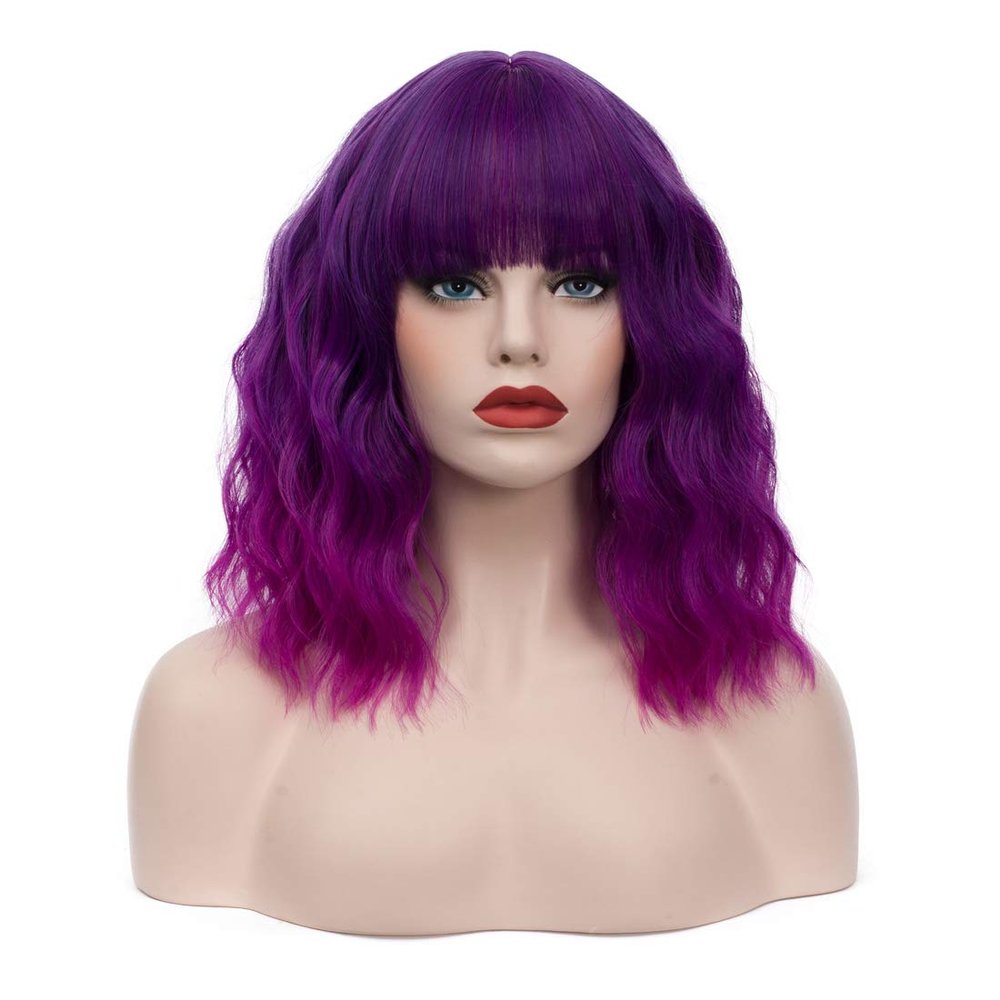 WGPFWIG Women's Bright Purple Ombre Wig Short Curly Wavy Wig Shoulder Length Flat Bangs Wig For Women Girl Cosplay Party Halloween Wig Cap Included (Bright Purple Ombre)