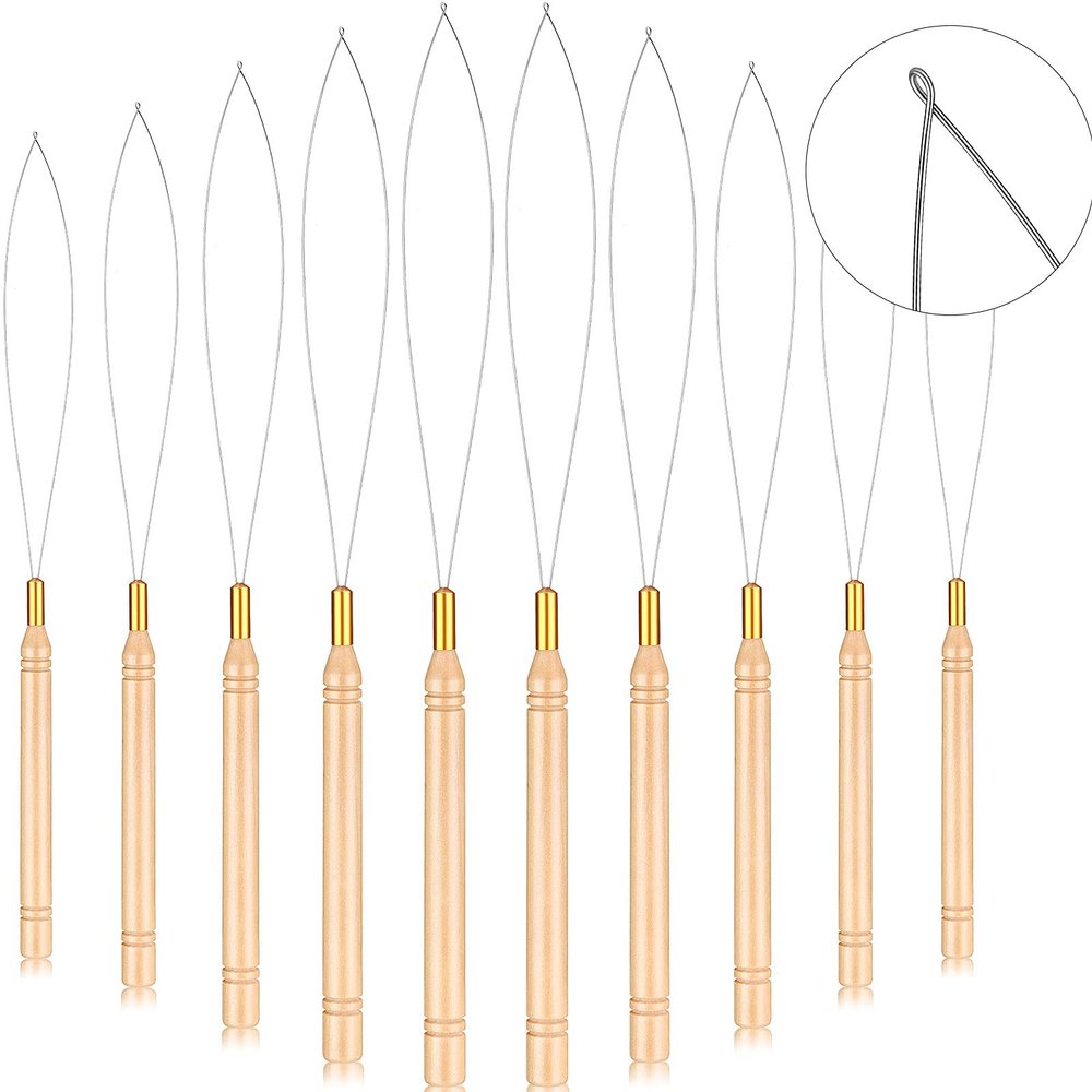 10 Pieces Wooden Hair Extension Loop Needle Kit Threader Wire Pulling Hook Tool and Bead Device Tool Black Loop Threader for Hair or Feather Extensions