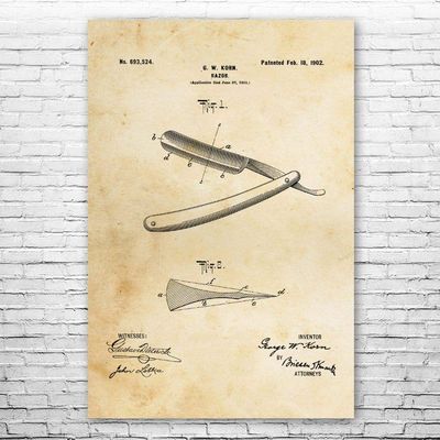 Shaving Straight Razor Poster Print, Barber Shop Decor, Barber Gift, Bathroom Wall Art, Shaving Gift, Fashion Decor Vintage Paper (20 inch x 30 inch)
