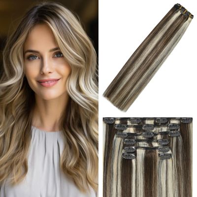 WindTouch Clip In Hair Extensions Human Hair Medium Brown to Blonde Balayage Highlights for Brown Remy Hair 18Inch 75g #4P613 7PCS