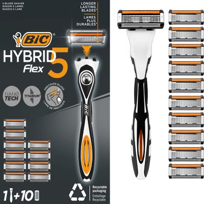 BIC Hybrid 5 Flex Refillable Men's Razor, 1 Weighted Handle and 10 Nano-Tech Titanium 5-Blade Refills with Precision Blade - Bundle of 1+10