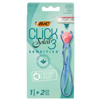 Bic Click 3 Soleil Sensitive Refillable Women's Razor, 30% Recycled Plastic Handle and 3-Blade Refills - Box of 1+2