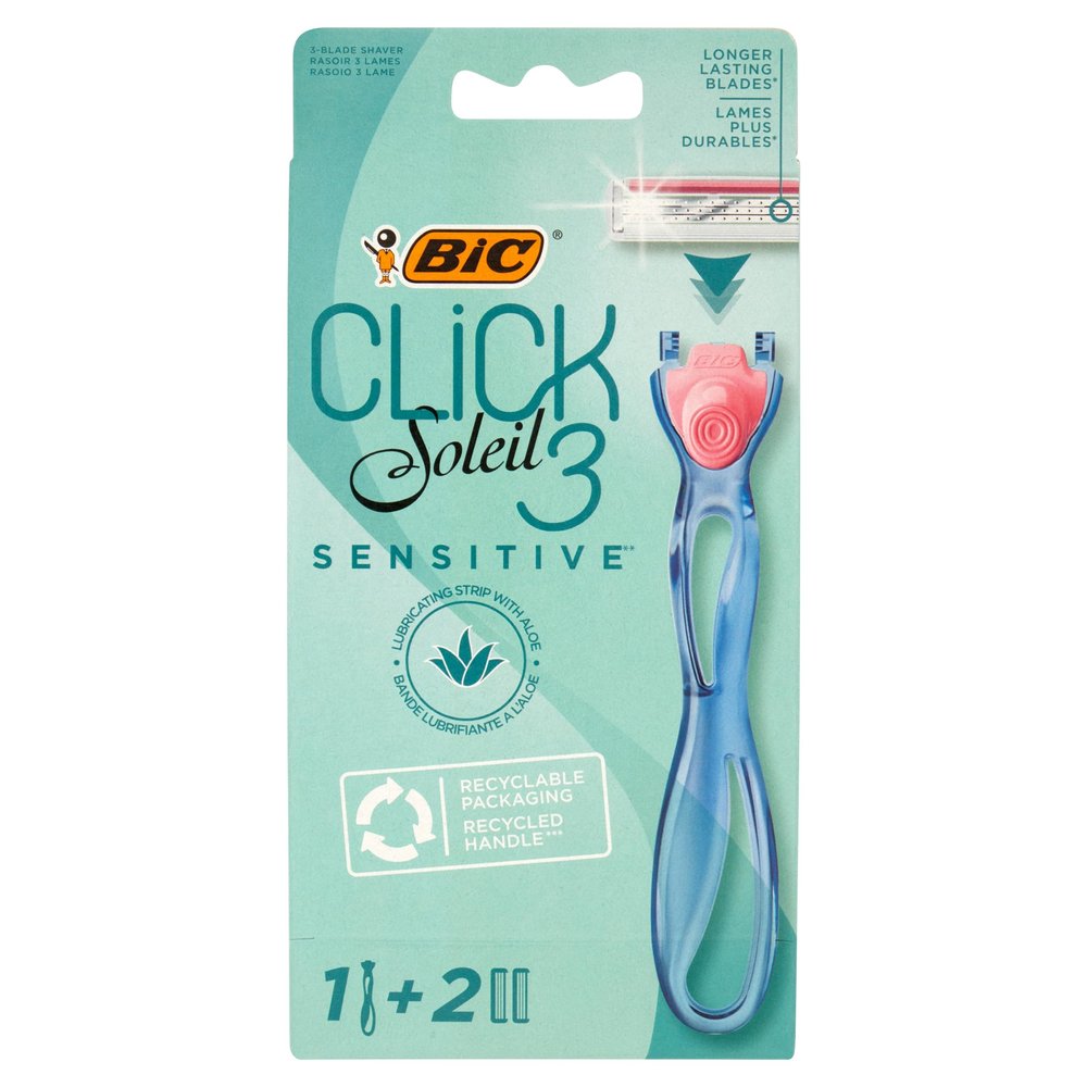 Bic Click 3 Soleil Sensitive Refillable Women's Razor, 30% Recycled Plastic Handle and 3-Blade Refills - Box of 1+2