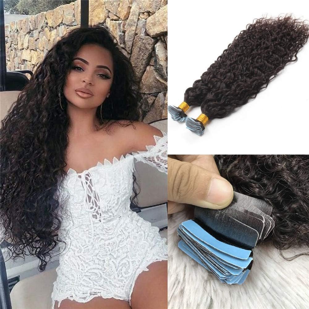 Water Wave Tape in Human Hair Extension Brazilian Virgin Hair Skin Weft Tape in Curly Adhesive Tape Hair Extensions 100g 40pcs (26inch 40Pieces, #1B(Natural Black))