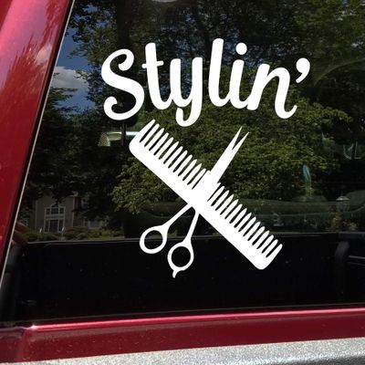 Minglewood Trading Stylin' Vinyl Decal - Salon Hair Stylist Dresser Scissors Comb - Die Cut Sticker - 15w x 15h inches - Silver