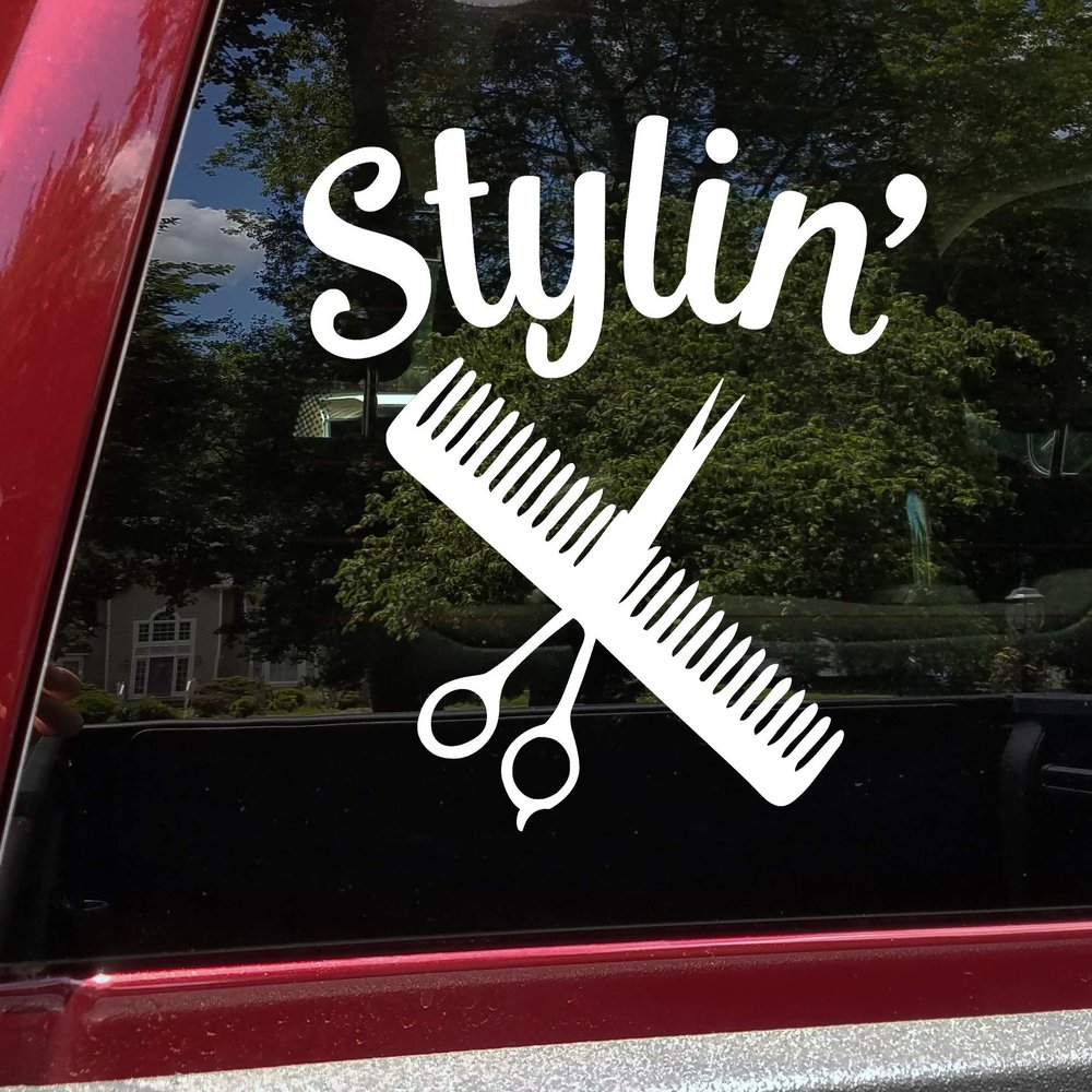 Minglewood Trading Stylin' Vinyl Decal - Salon Hair Stylist Dresser Scissors Comb - Die Cut Sticker - 15w x 15h inches - Silver