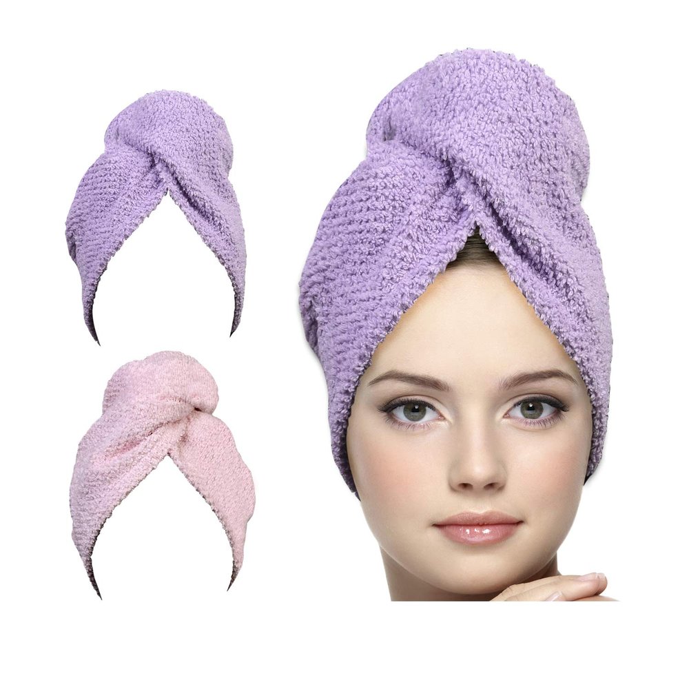 KEEPOZ Hair Towel Wrap Quick Dry 100% Cotton Super Absorbent Turban Head Wrap for Women with Button, Non Microfiber Anti Frizz Products, Hair Cap for Curly, Long (Lilac Pink Check, 2 Pcs)