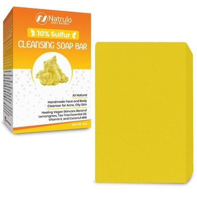 10% Sulfur Soap Cleansing Bar for Face & Body All Natural Facial Cleanser for Acne, Oily Skin Healing Skincare Blend of Lemongrass, Tea Tree Essential Oil, Vitamin E, Coconut Milk Made in USA