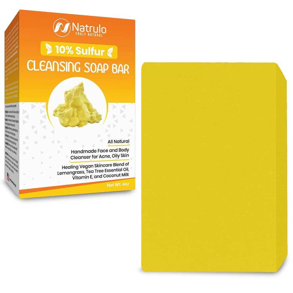 10% Sulfur Soap Cleansing Bar for Face & Body  All Natural Facial Cleanser for Acne, Oily Skin  Healing Skincare Blend of Lemongrass, Tea Tree Essential Oil, Vitamin E, Coconut Milk  Made in USA