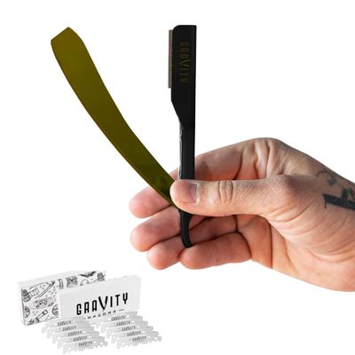 GRAVITY RAZORS Professional Straight Razor Kit Ultra Exposure, Includes 10 Premium Blades, 2mm Exposed, Gold & Black