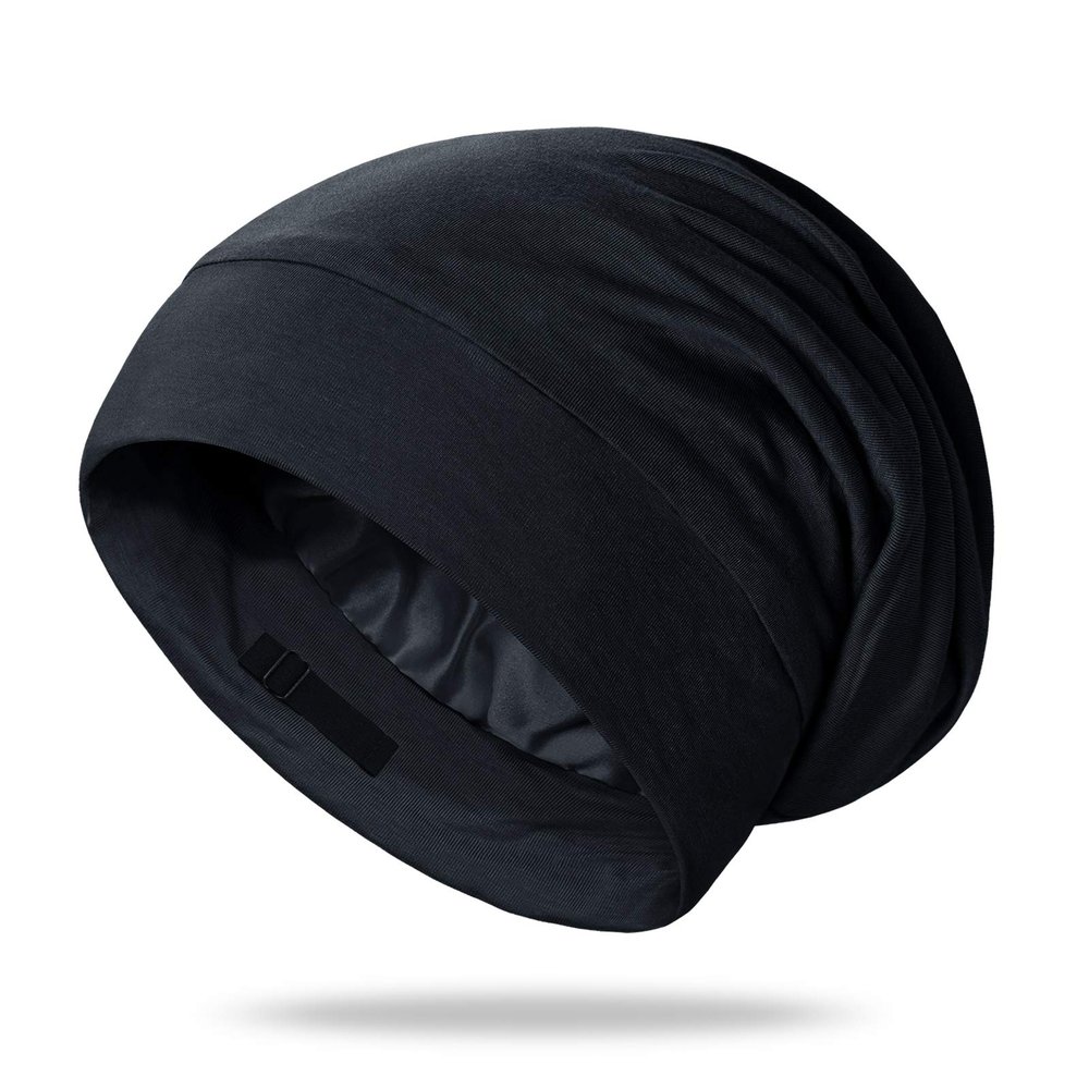 OLESILK Silk-Bonnet for Curly Hair, Silk Hair Bonnet for Sleeping, Unisex, Medium, Black