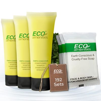 ECO amenities Travel Size Bar Soap Kit - Soap Bulk & Travel Shampoo Conditioner - Bulk Toiletries & Gift Sets - Individually Wrapped Mini Toiletries - 384 Pieces (192 Hair Cleanser + 192 Hair Wash)