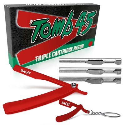 Tomb 45 Triple Cartridge Razor Holder | Disposable Razor Safety Handle For Barbers | 100% Metal Grip & 3 Adjustable Blade Exposure Options For Shaving | Men's Straight Edge Razors Manual Shaver (Red)