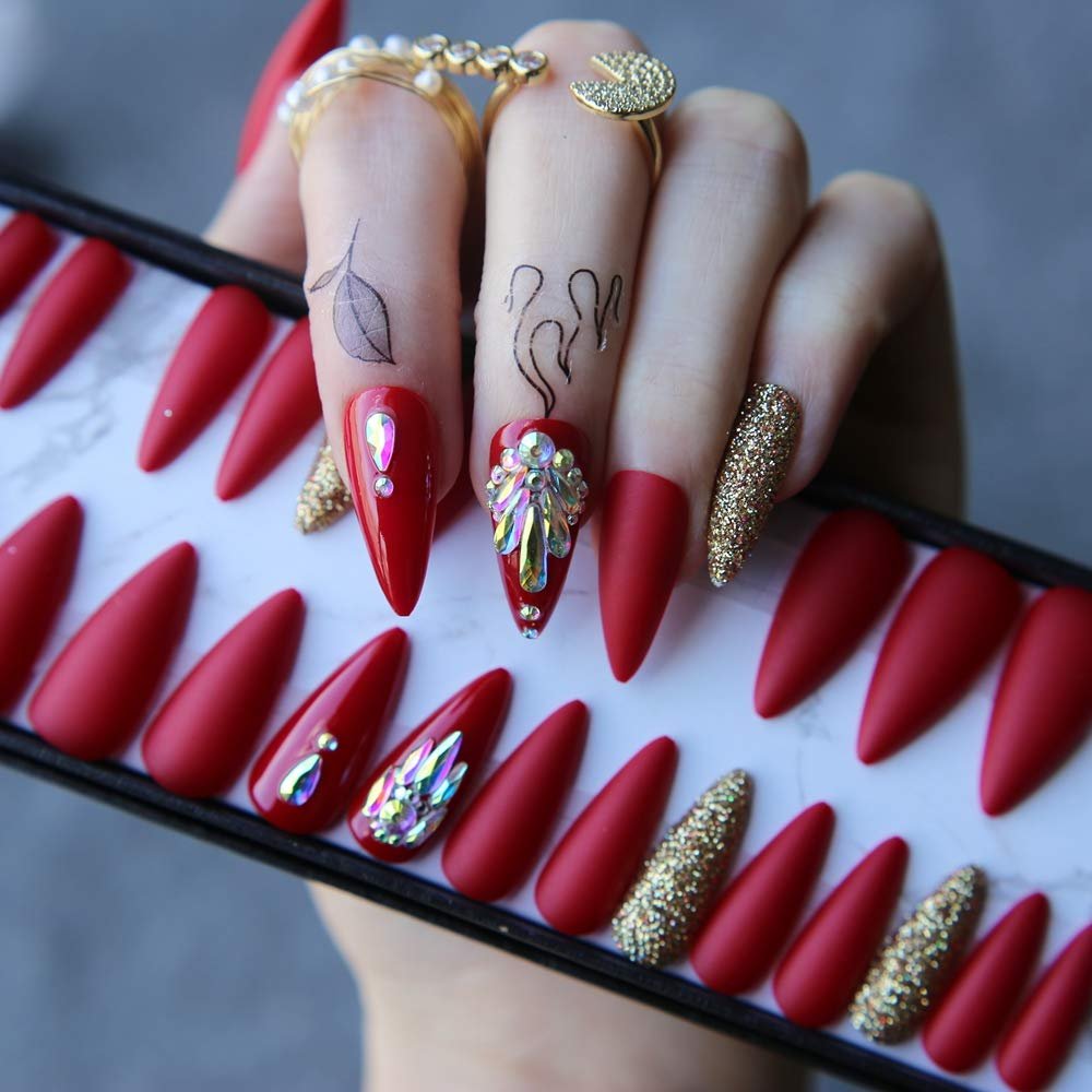 MqpQ Matte Red False Nails Galore Queen Crystal Coffee Glitter Design Fake Nails Press On Nails Handmade With Black Box (Red)
