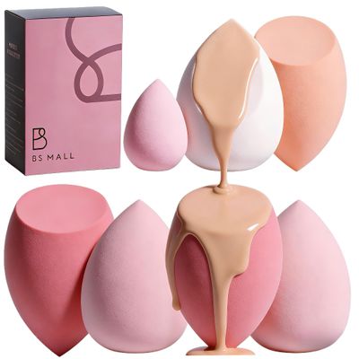Makeup Sponge Set BS-MALL with Storage Case 7 Pcs for Liquid, Cream, and Powder,SAVE Foundation with 1 Mini Makeup Sponge For Travel Daily Use (A-Pink
