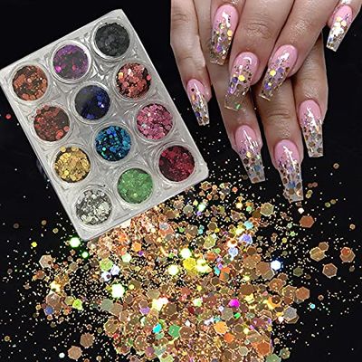 PrettyG 2oz / 57Gram Pack Chunky Mixes Nail Sequin Holographic Glitter Power Nail Art Decoration LBC (12 Colors Set)