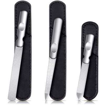 3 Pcs Stainless Steel Nail Files Kit with Leather Case, Double Sided Metal Nail Files with Anti-Slip Handle for Women and Men, Metal File Buffer Manicure Pedicure Tools for Fingernail Toenail(Black)